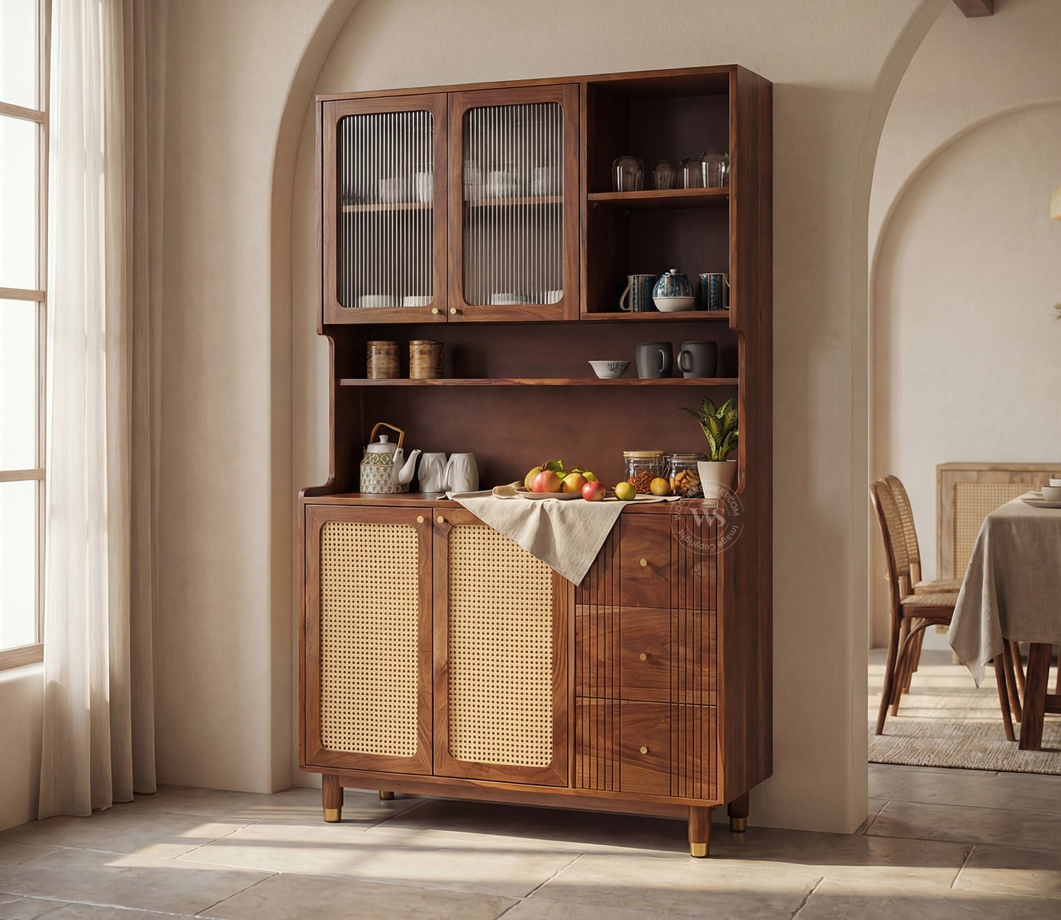 Tripti Classic Kitchen Cabinet with Fluted Glass, Cane Weave & Brass Knobs (Teak Finish)