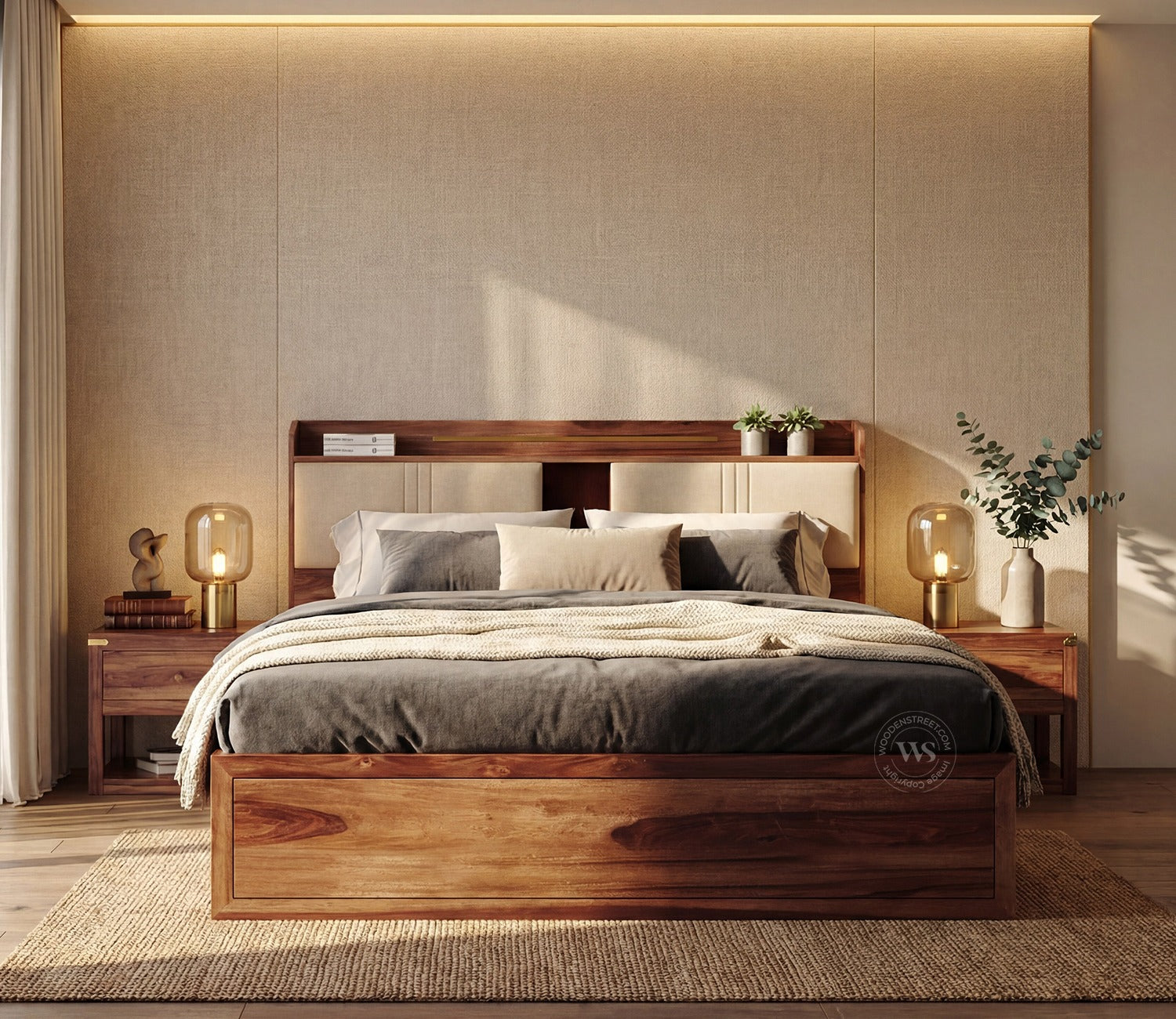 Wildon Premium Sheesham Wood Bed with Cushioned Headboard and Drawer Storage (King Size, Teak Finish)