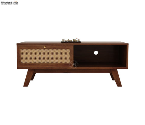 Droid Premium Solid Wood TV Unit With Pull-Down Door Cabinet, Open Shelf & Cane Detailing (Mango Wood, Teak Finish)