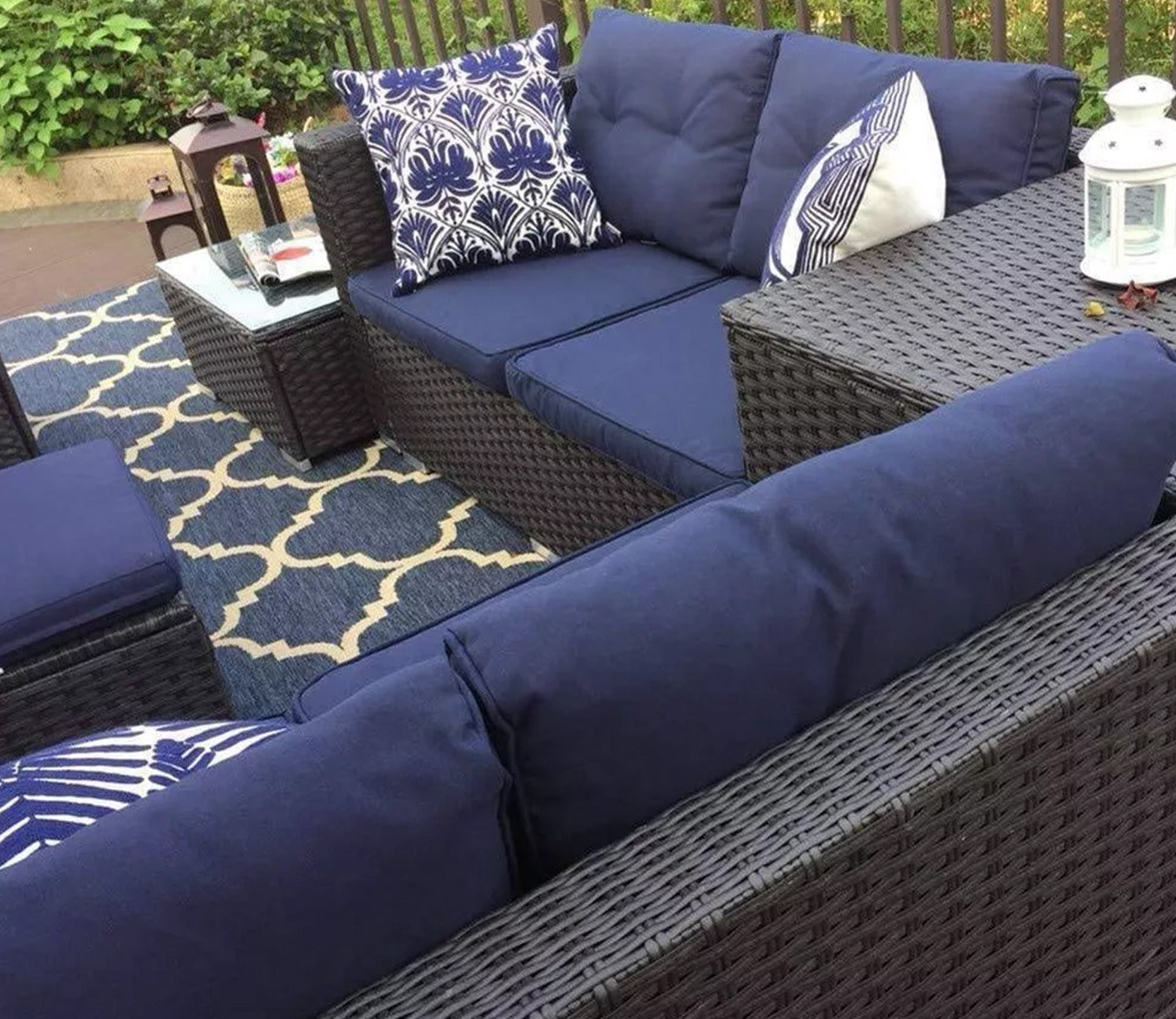 Dark Brown Rattan And Wicker 8 Seater Outdoor Furniture Set With Table And Blue Cushions