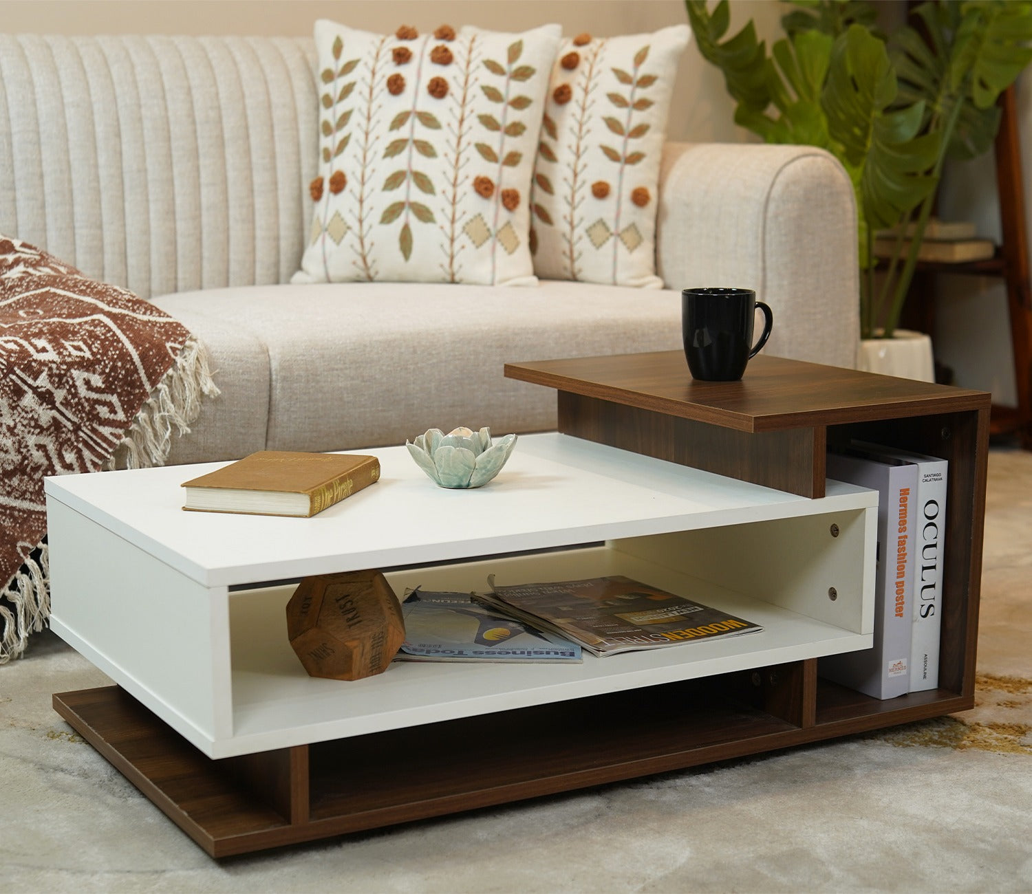 Jevon Engineered Wood Dual Finish Coffee and Centre Table (Columbian Walnut White Finish)