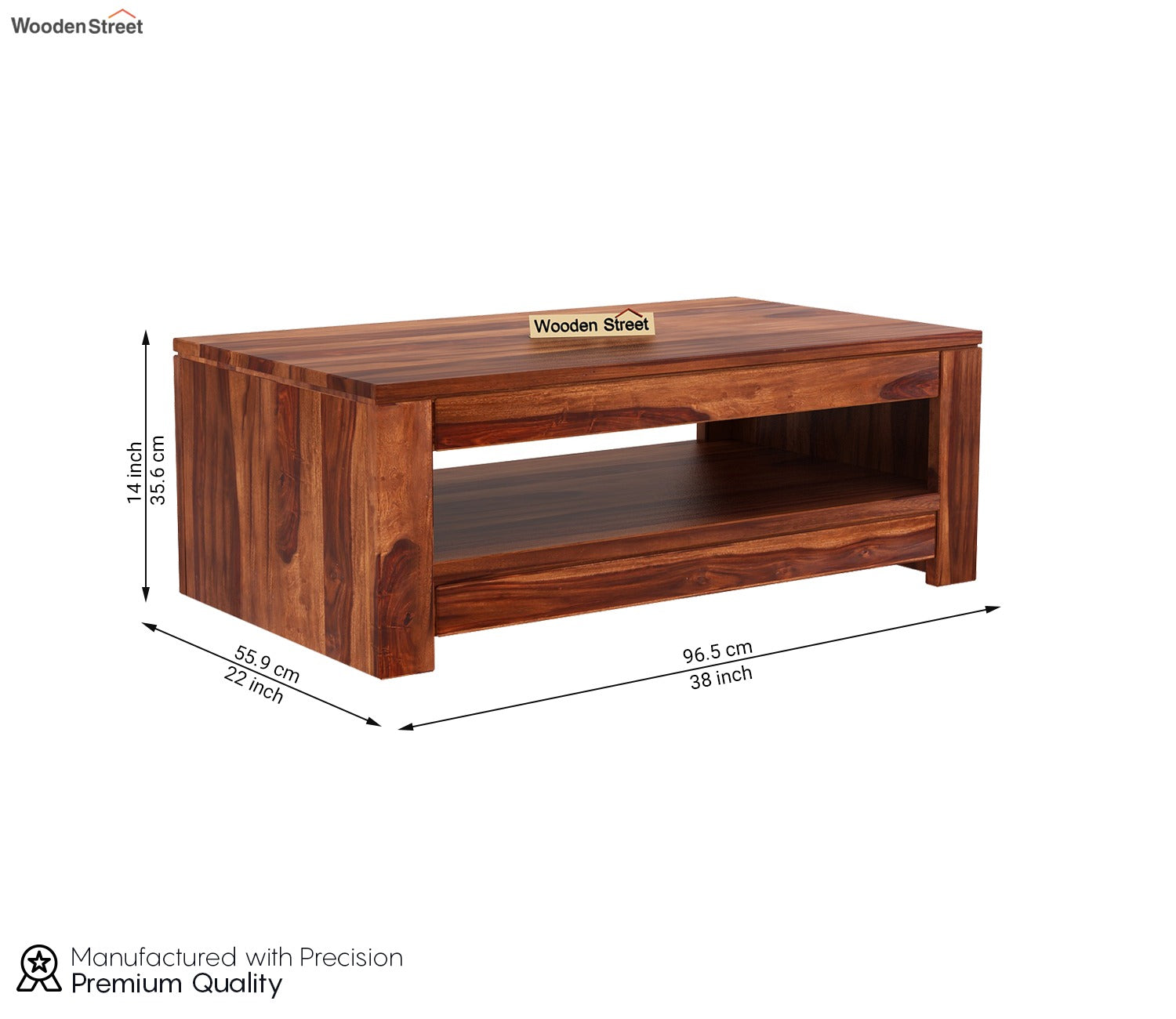 Fager Sheesham Wood Coffee Table with Open Shelf Storage (Honey Finish)