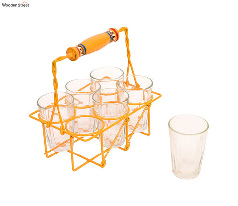 Cutting Chai in Yellow Handpainted Metal Stand - Set of 6