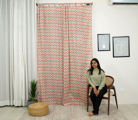 Floral Large Butah 1 Piece Door Curtain (Peach, 7 Feet)