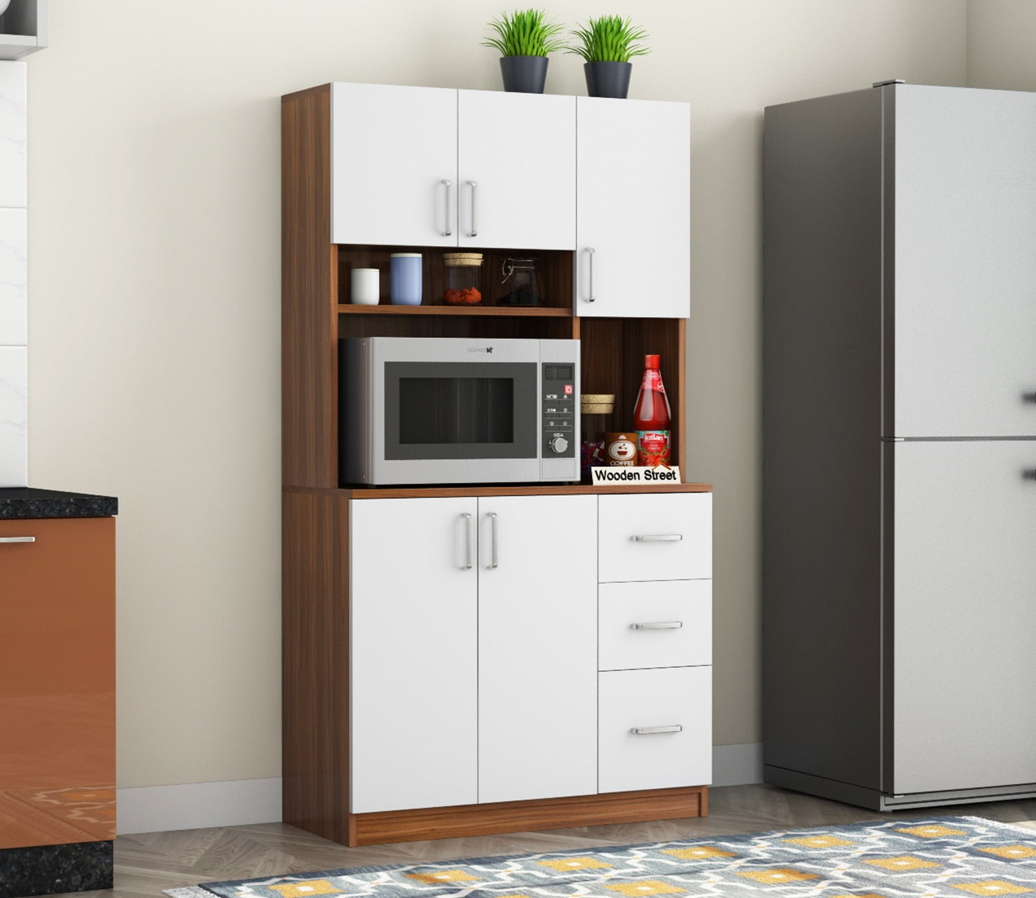 Piero Kitchen Cabinet (Exotic Teak-Frosty White Finish)