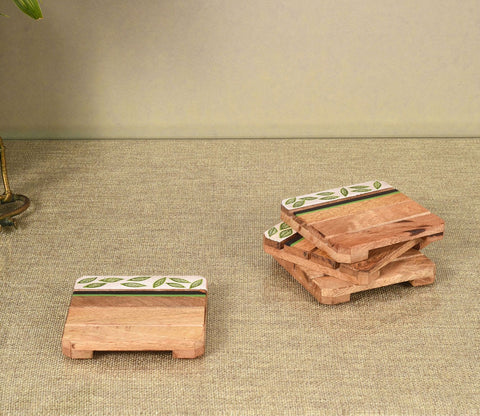 Minty Leaves Hand Painted Coasters Set Of 4