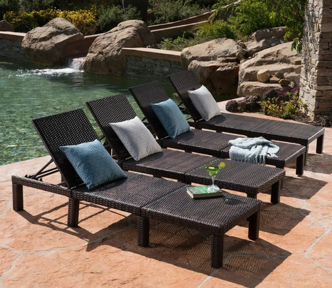 Dark Brown Adjustable Outdoor Lounger With Green Cushions (Set Of 4)