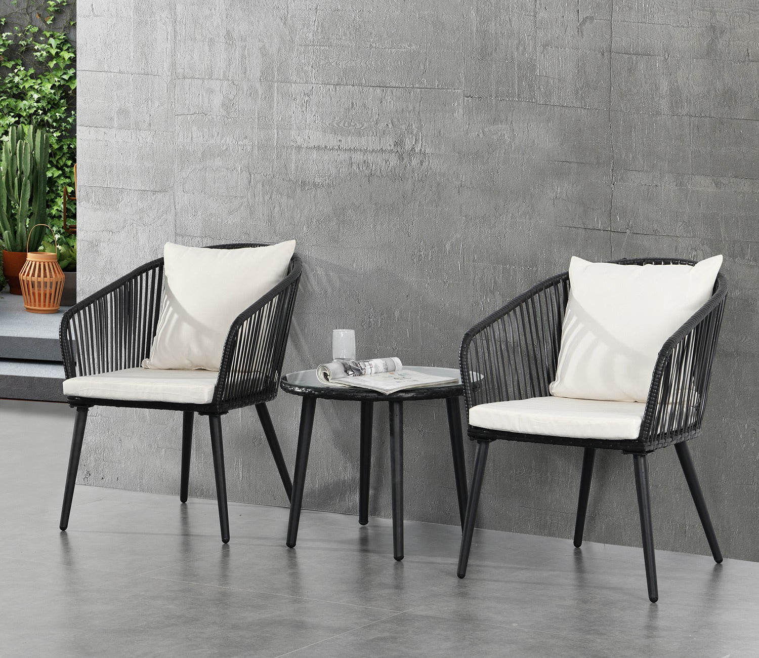 Black 2 Seater Chair With Table And Cream Cushions Balcony Set