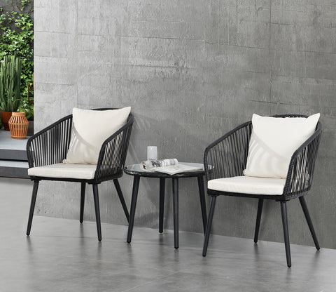 Black 2 Seater Chair With Table And Cream Cushions Balcony Set