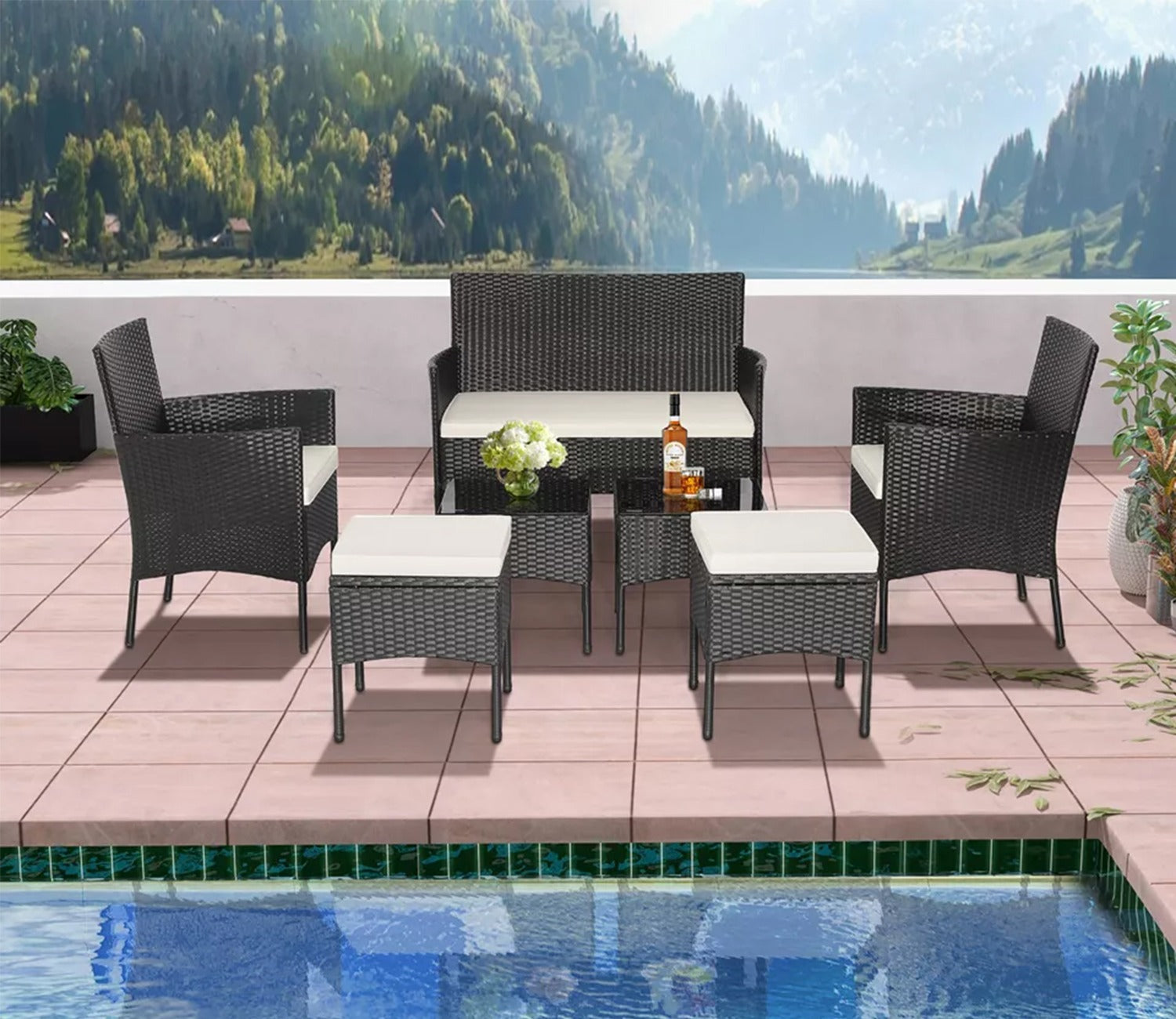Black Rattan And Wicker 6 Seater Patio Set With Table And off White Cushions