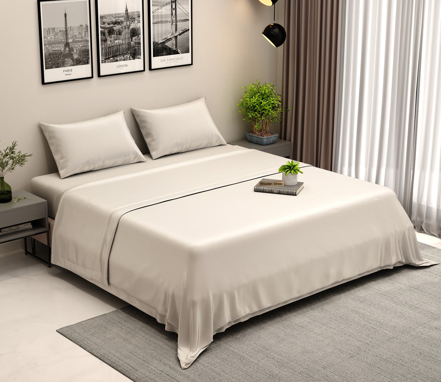 Organic Bamboo Set Queen Size 300 TC with 2 Pillowcases 1 Flat Bedsheet (Ivory)