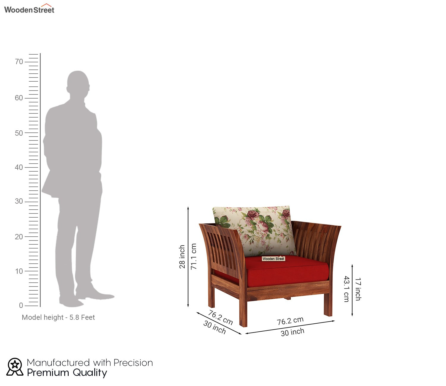 Raiden 1 Seater Wooden Sofa (Honey Cream Dusky Rose)