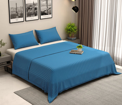 300 TC Pure Cotton Fitted King Size Bedsheet with Satin Stripe with 2 Pillow Covers (Blue)