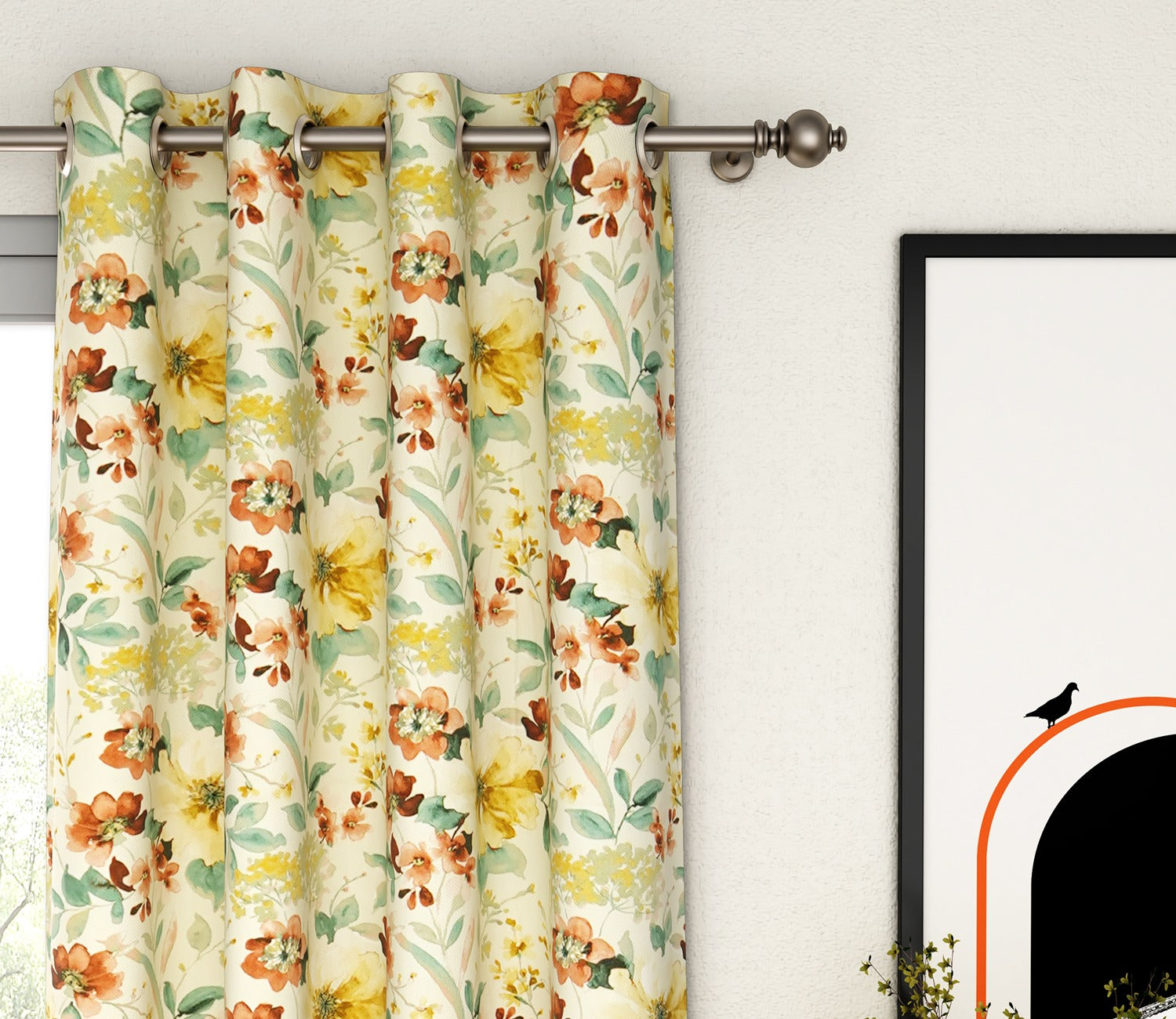 Rose Floral Print 1 Piece Light-Filtering Curtain (Yellow, 7 Feet)