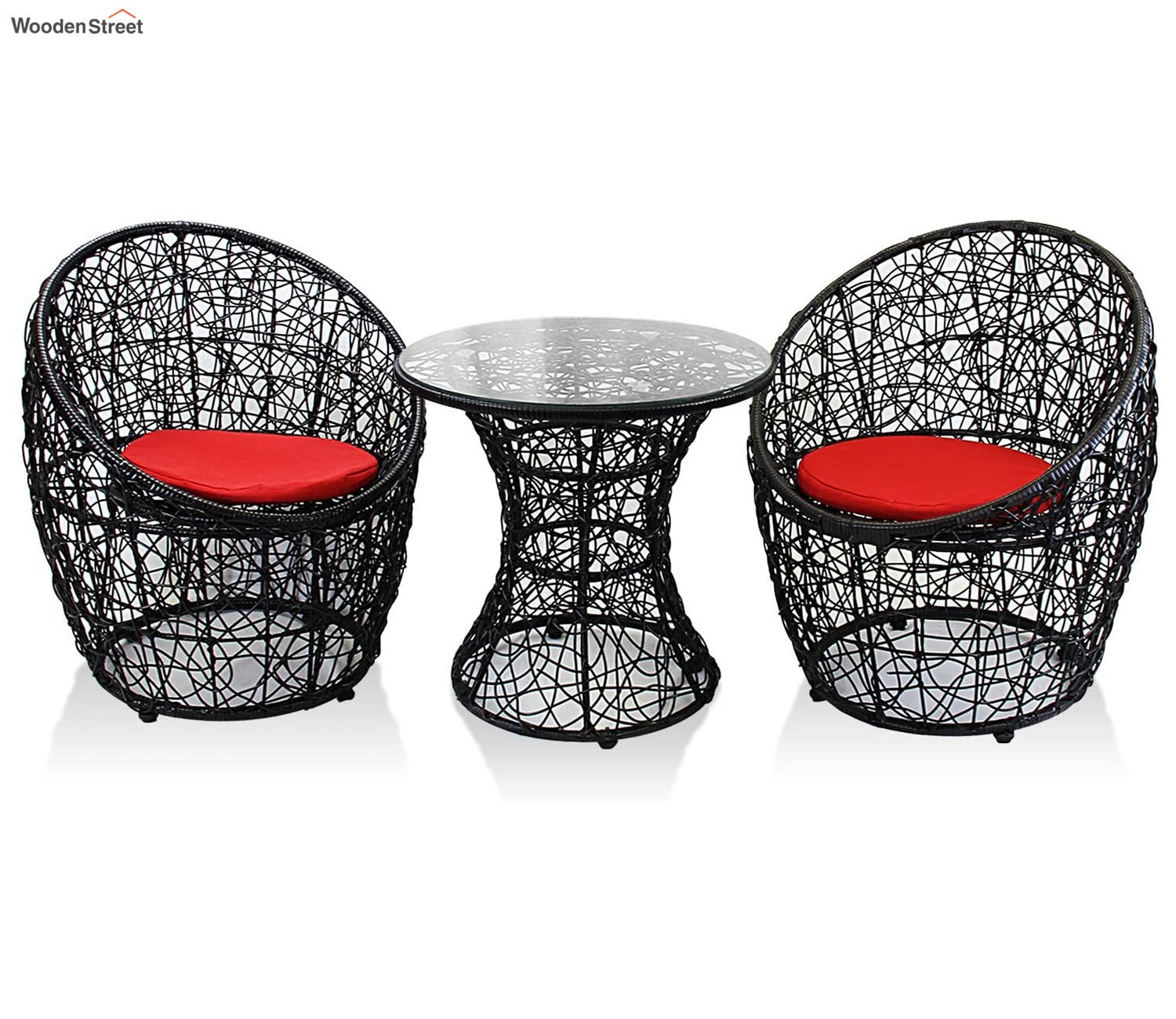 Black Rattan And Wicker 2 Seater Set With Table And Red Cushions