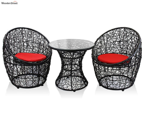Black Rattan And Wicker 2 Seater Set With Table And Red Cushions