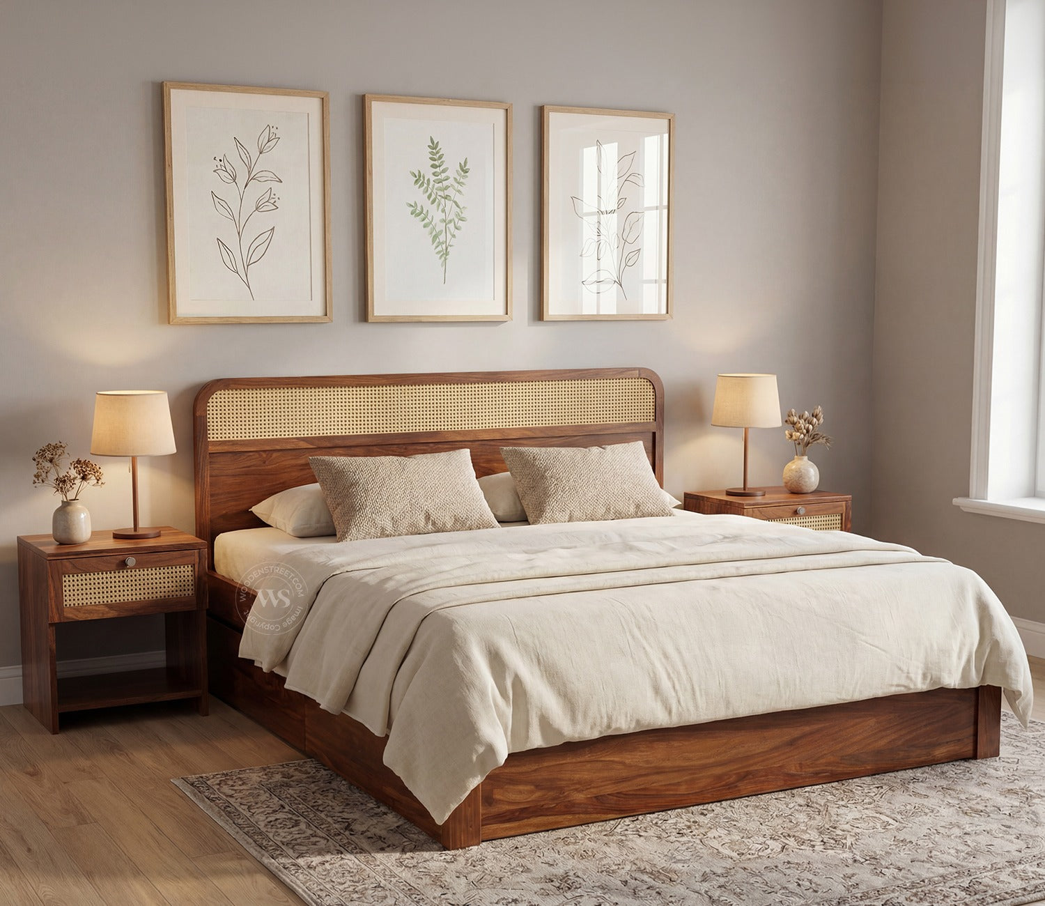 Balikos Sheesham Wood Bed with Drawer Storage and Cane Detailing (King Size, Teak Finish)