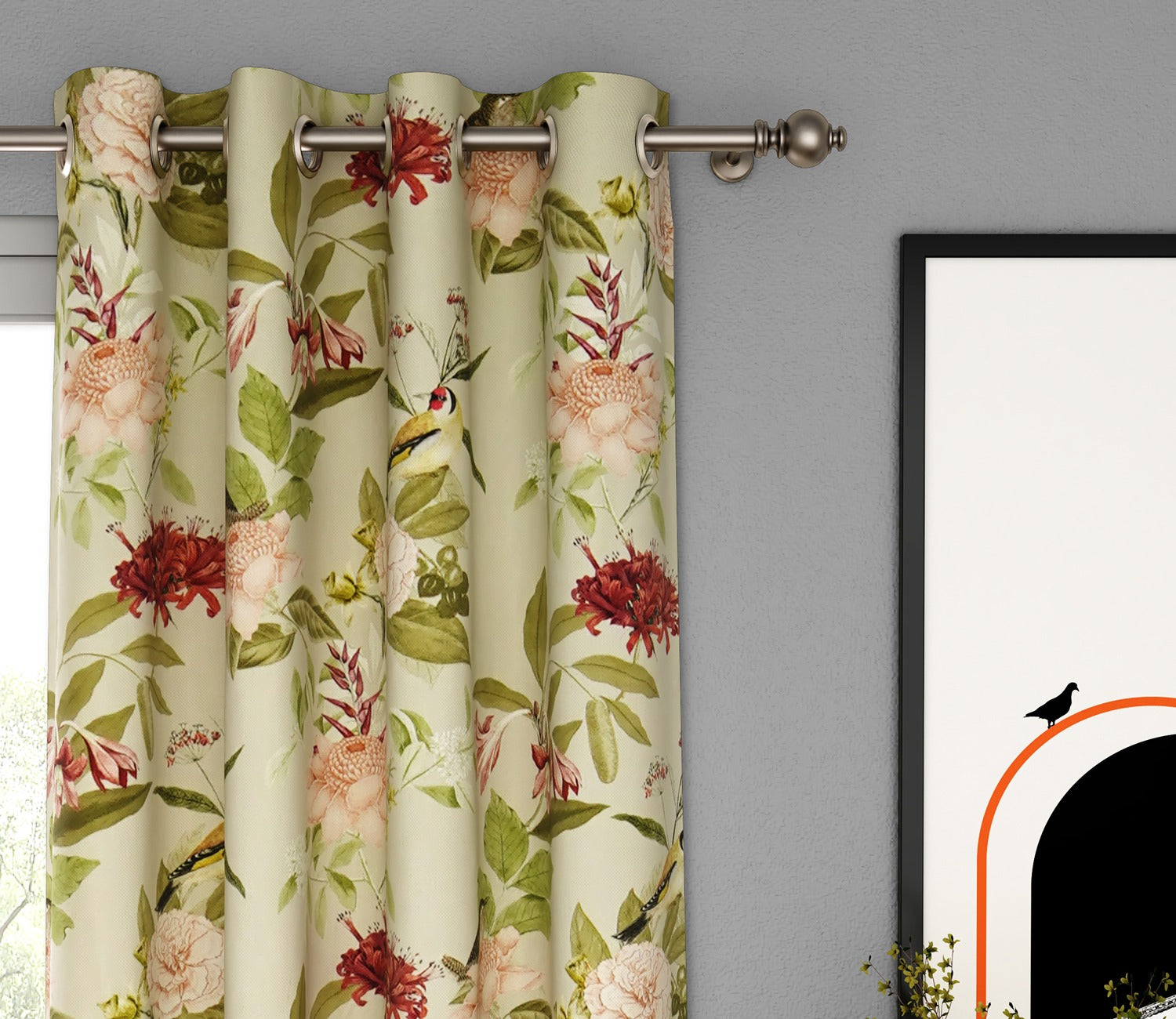 Bird Light-Filtering Door Curtains Set of 2 (Light Green, 7 Feet)
