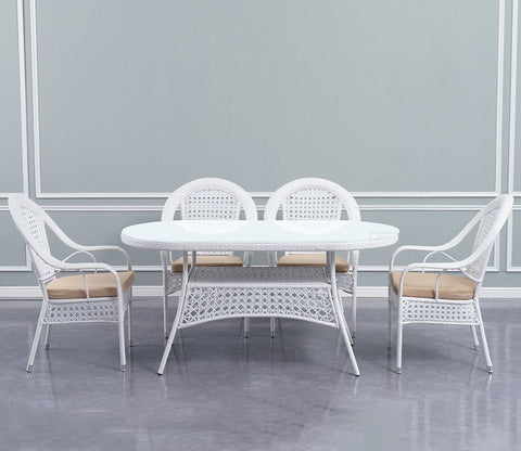 6 Seater Wicker Dining Table Set With Cream Cushions (White)