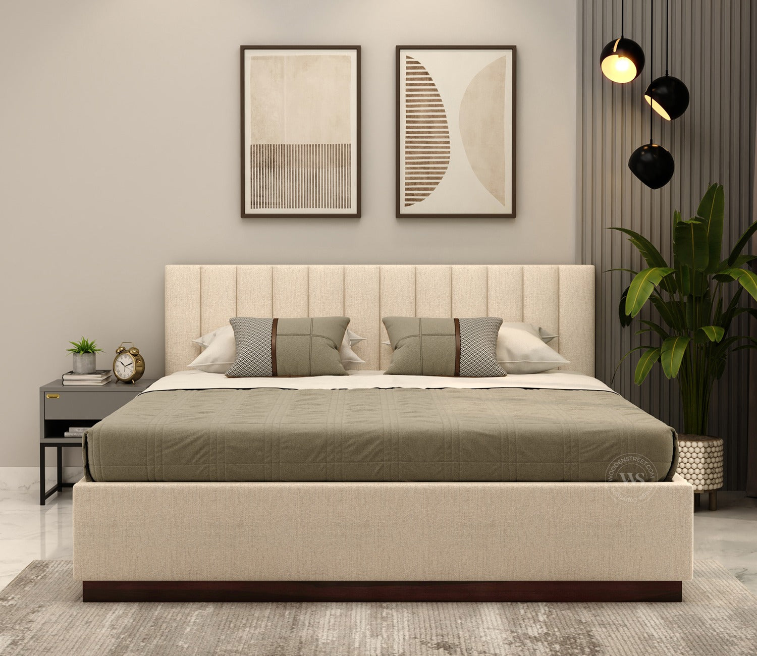 Nuvo Premium Upholstered Bed With Hydraulic Storage (King Size, Jade Ivory)