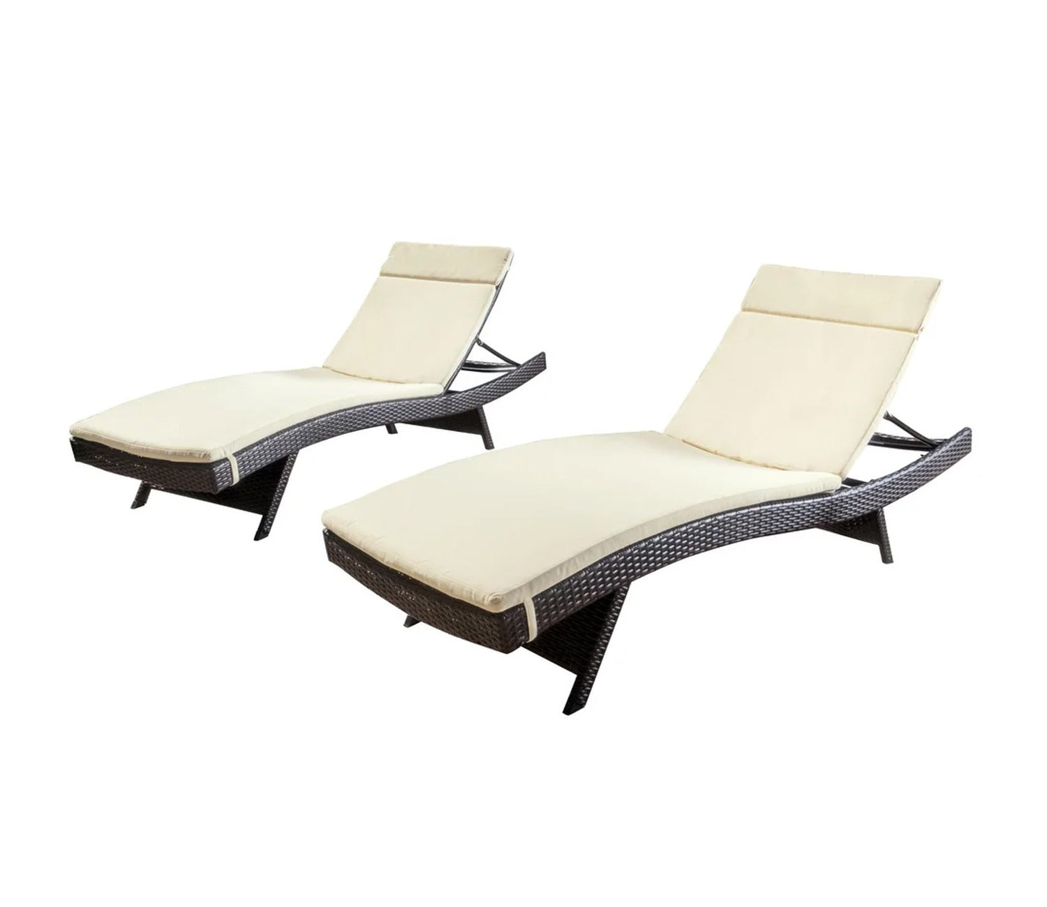 Dark Brown Outdoor Lounger With Cream Cushions (Set Of 2)