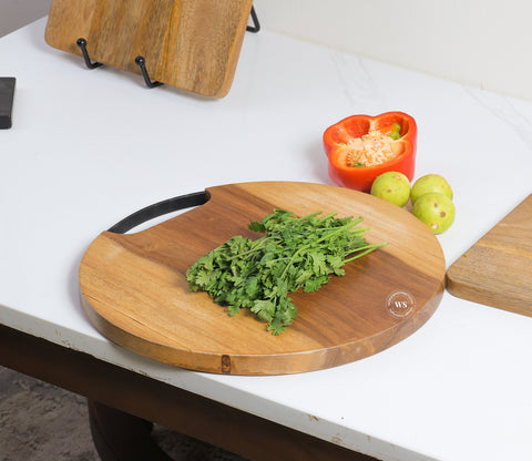 Sage Round Mango Wood Handcrafted Non Slip Chopping Board With Handle for Kitchen