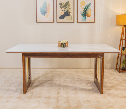 Mishaan-Koby 6 Seater Sheesham Wood Dining Table Set with Quartz Top (Teak Finish)