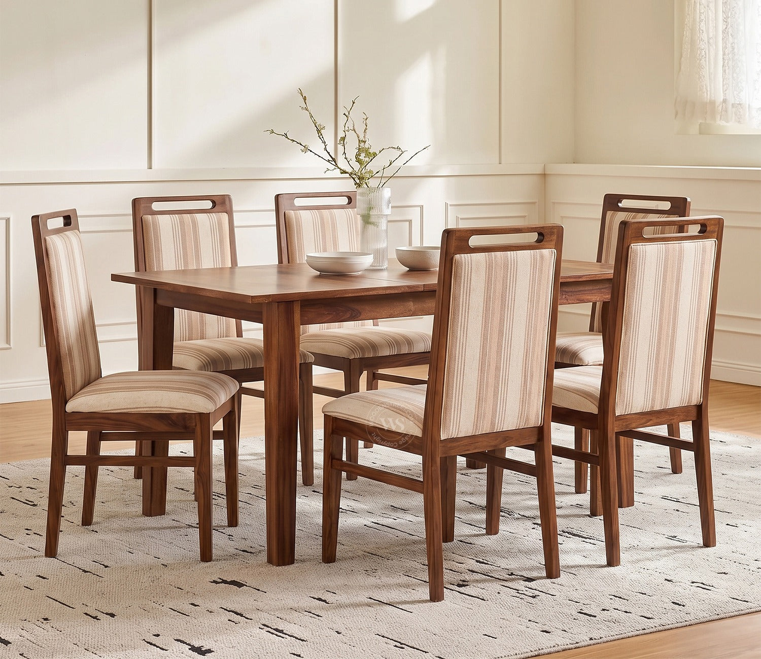 Taylor 6 Seater Dining Set with Tim Extendable Table and Hazel Dining Chair | Extendable from 4 to 6 Seater | Cream Stripe Fabric Cotton (Honey Finish)