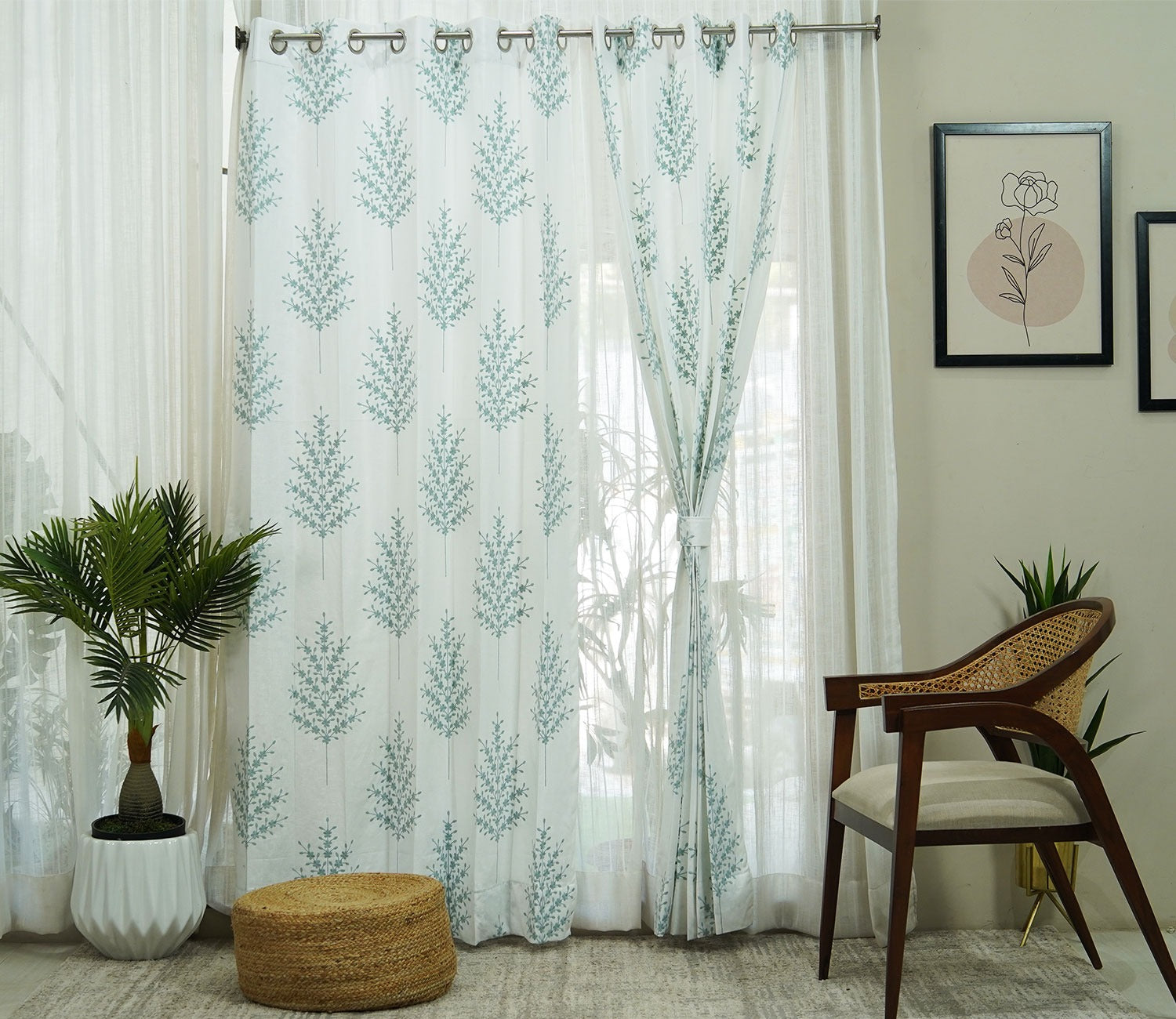 Jacquard Tree 1 Piece Sheer Curtain (Blue, 7 Feet)