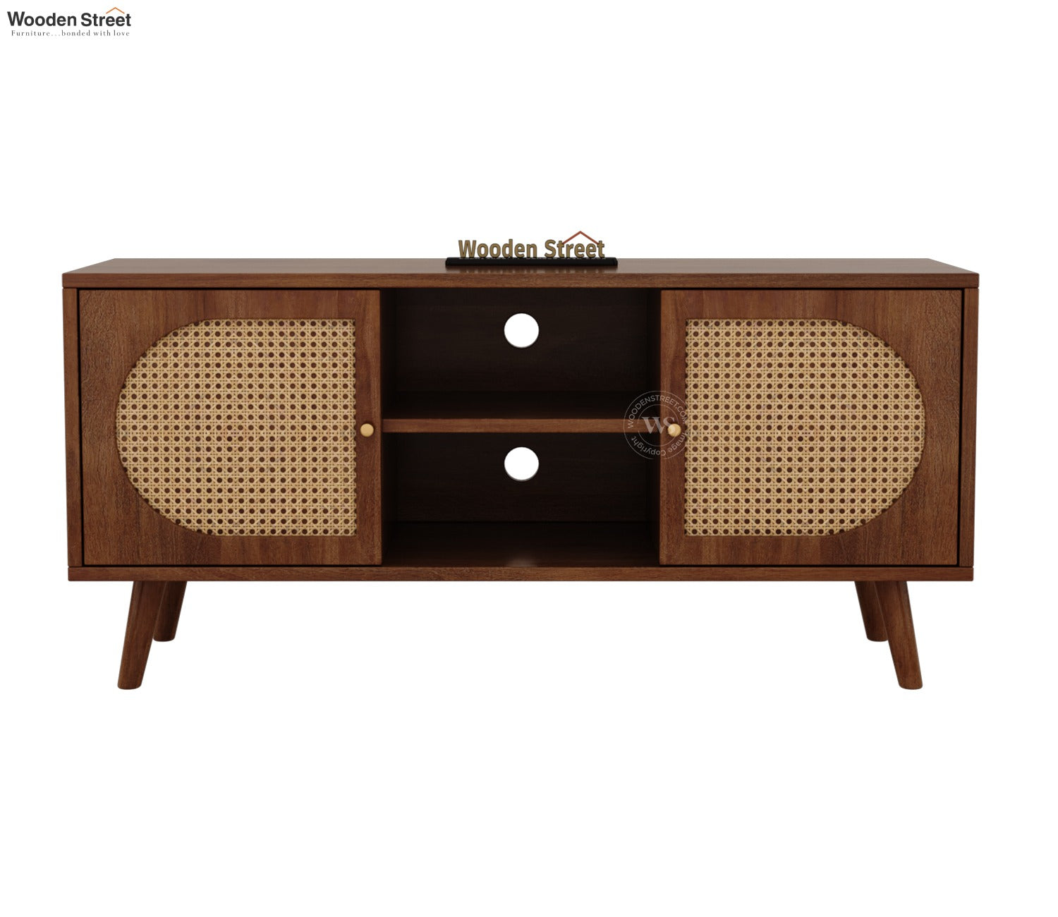 Astorio Premium Solid Wood TV Unit With Cane Door Cabinets & Open Shelves (Mango Wood, Honey Finish)