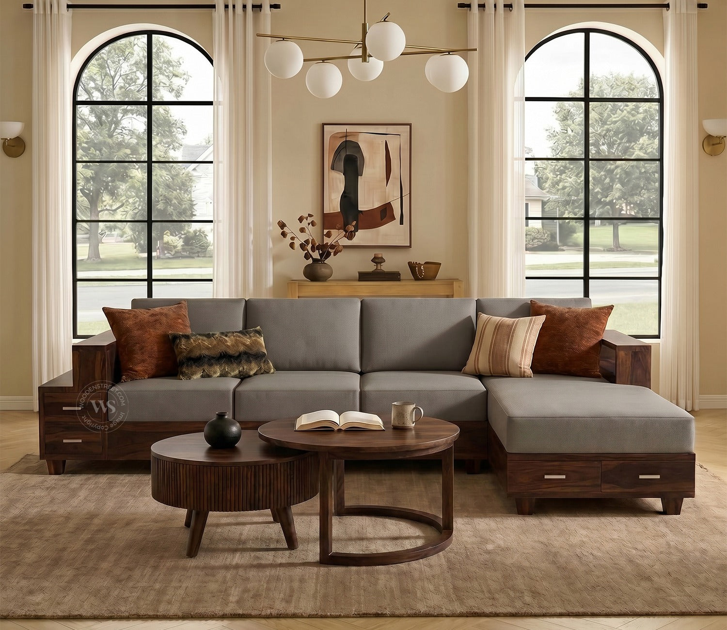 Solace L-Shape Right Aligned 4 Seater Sheesham Wood Sofa (Walnut Finish, Warm Grey)
