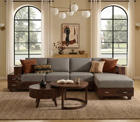 Solace L-Shape Right Aligned 4 Seater Sheesham Wood Sofa (Walnut Finish, Warm Grey)