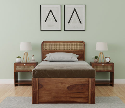 Balikos Sheesham Wood Bed with Drawer Storage and Cane Detailing (Single Size, Teak Finish)