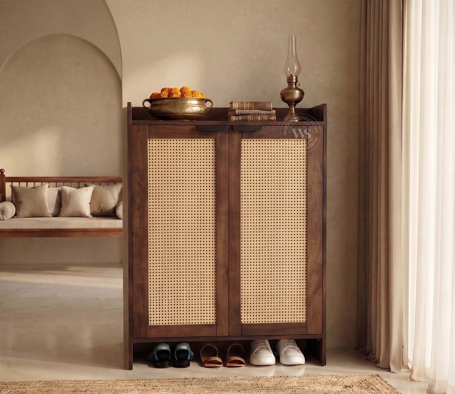 Vithiya Premium Solid Wood Shoe Rack With Cane Detailing (Mango Wood, Teak Finish)