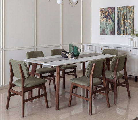 Vivara 6 Seater Dinining Set with Valence Quartz-Top Table and Vinara Upholstered Chair (Sage Green)