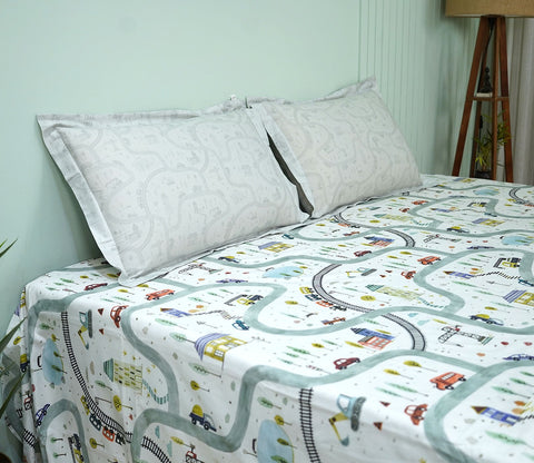 Train And Town Flat Cotton Kids Bed Sheet King Size with 2 Pillow Covers