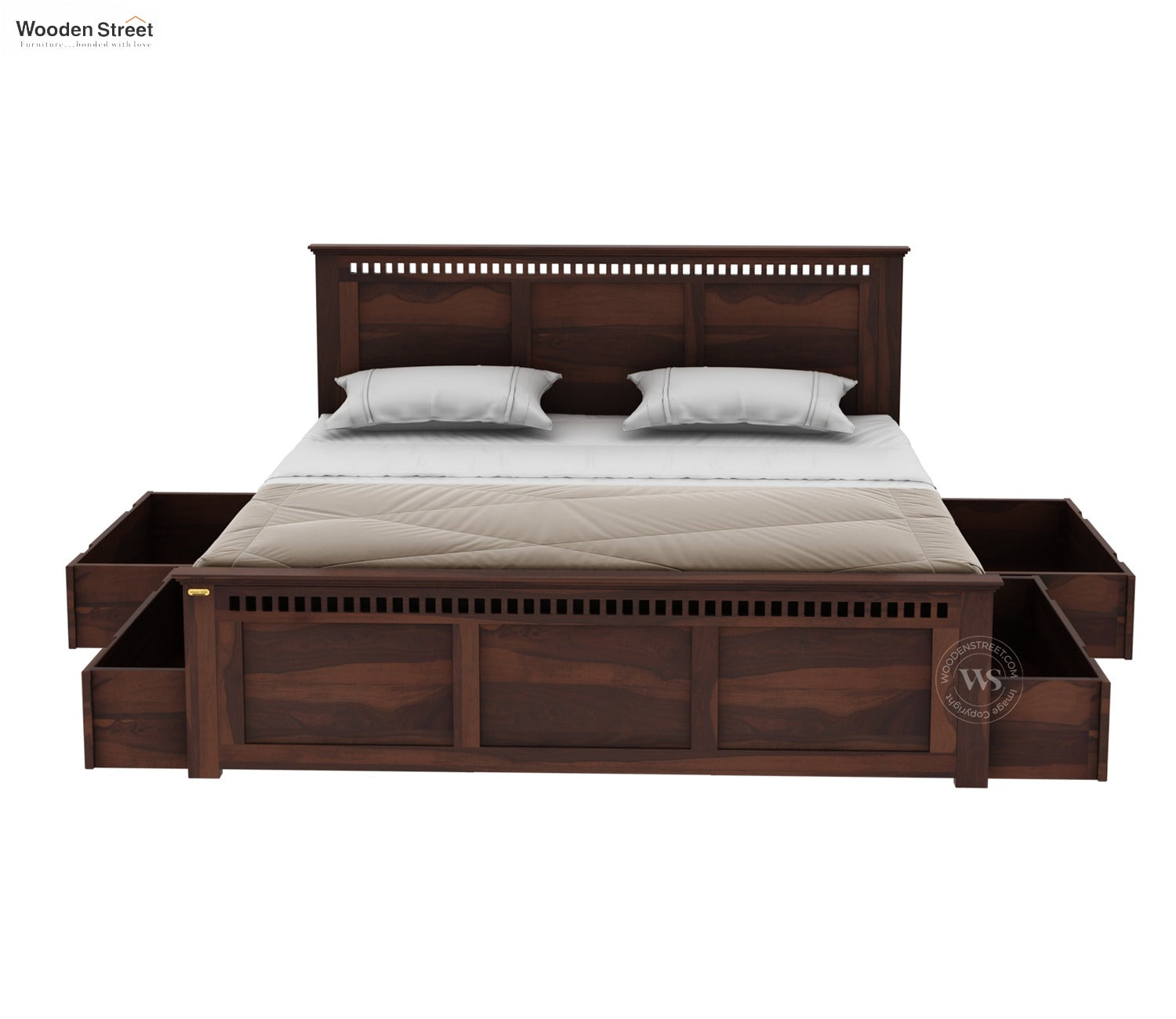Adolph Sheesham Wood Queen Size Bed With Side Storage (Walnut Finish)