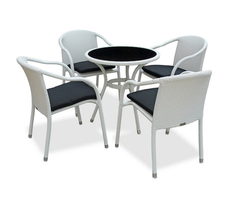 White Wicker And Rattan 4 Seater Dining Set With Black Cushions