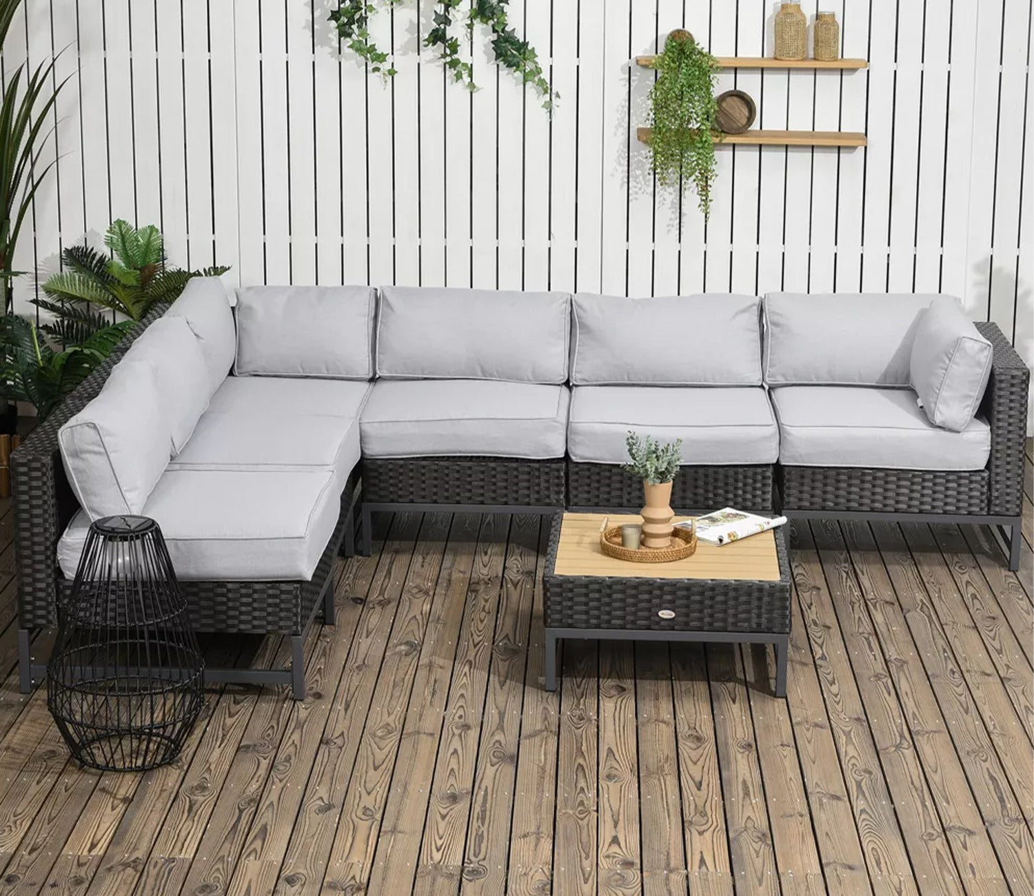 Black Rattan And Wicker 6 Seater Sofa Set With Table And Grey Cushions