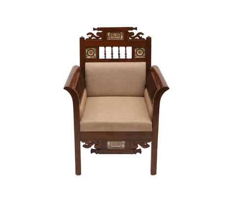 Maharaja-II Single Seater Sofa in Teakwood with Walnut Finish adorned with Dhokra Brass Frames