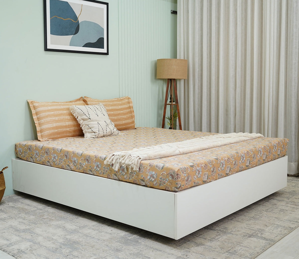 Mehrab Classic Printed King Size Bedsheet (Mustard)