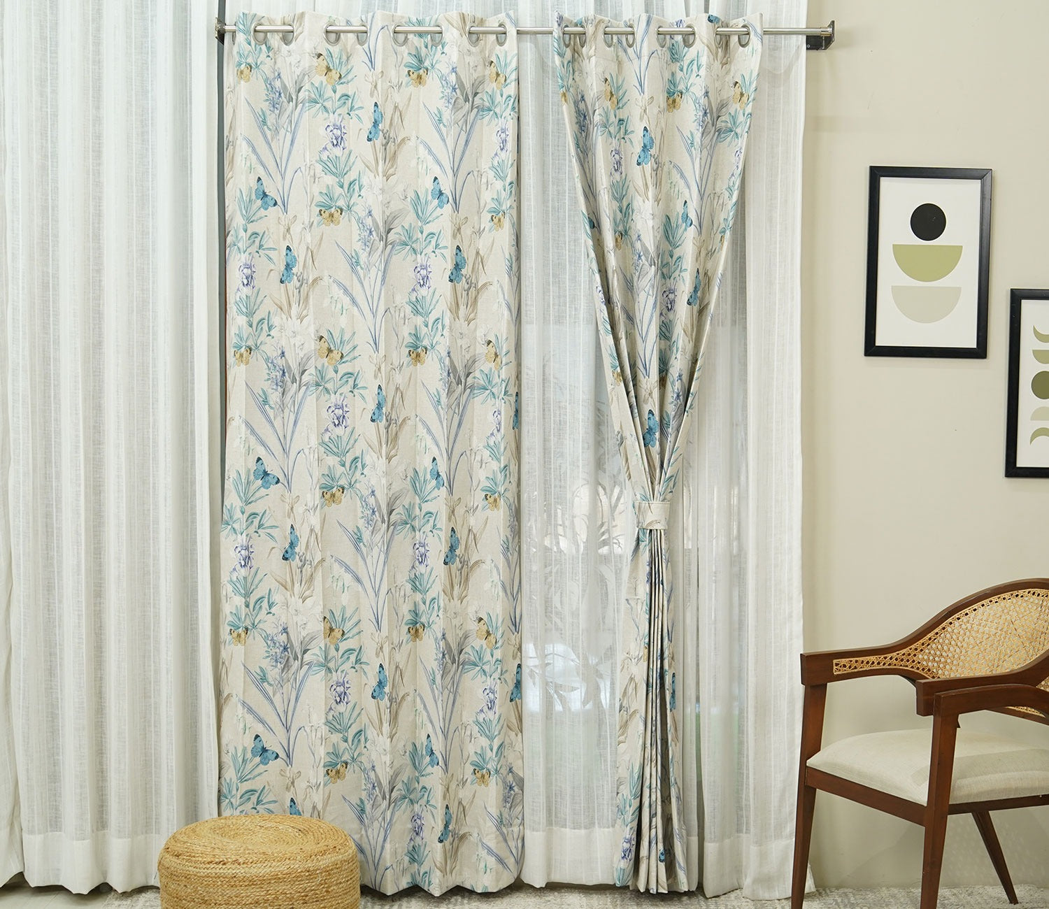 Butterfly 1 Piece Light-Filtering Curtain (Blue, 7 Feet)