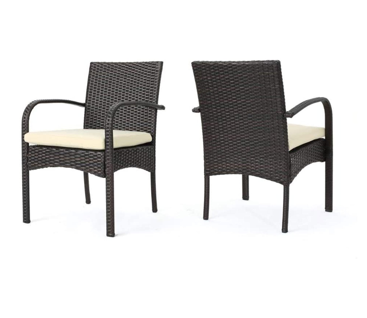 Dark Brown Rattan And Wicker Outdoor Chairs With Cream Cushions (Set Of 2)