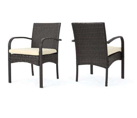 Dark Brown Rattan And Wicker Outdoor Chairs With Cream Cushions (Set Of 2)