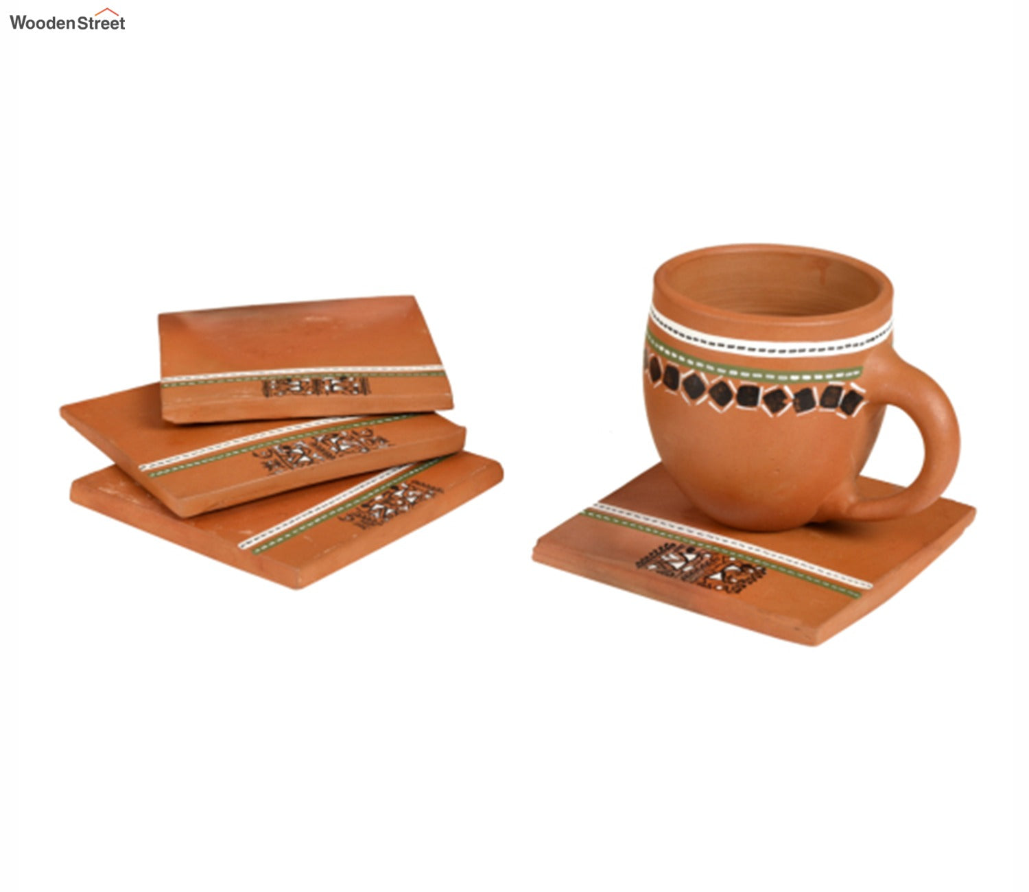 Brown Handcrafted Warli Art Earthen Coasters - Set of 4