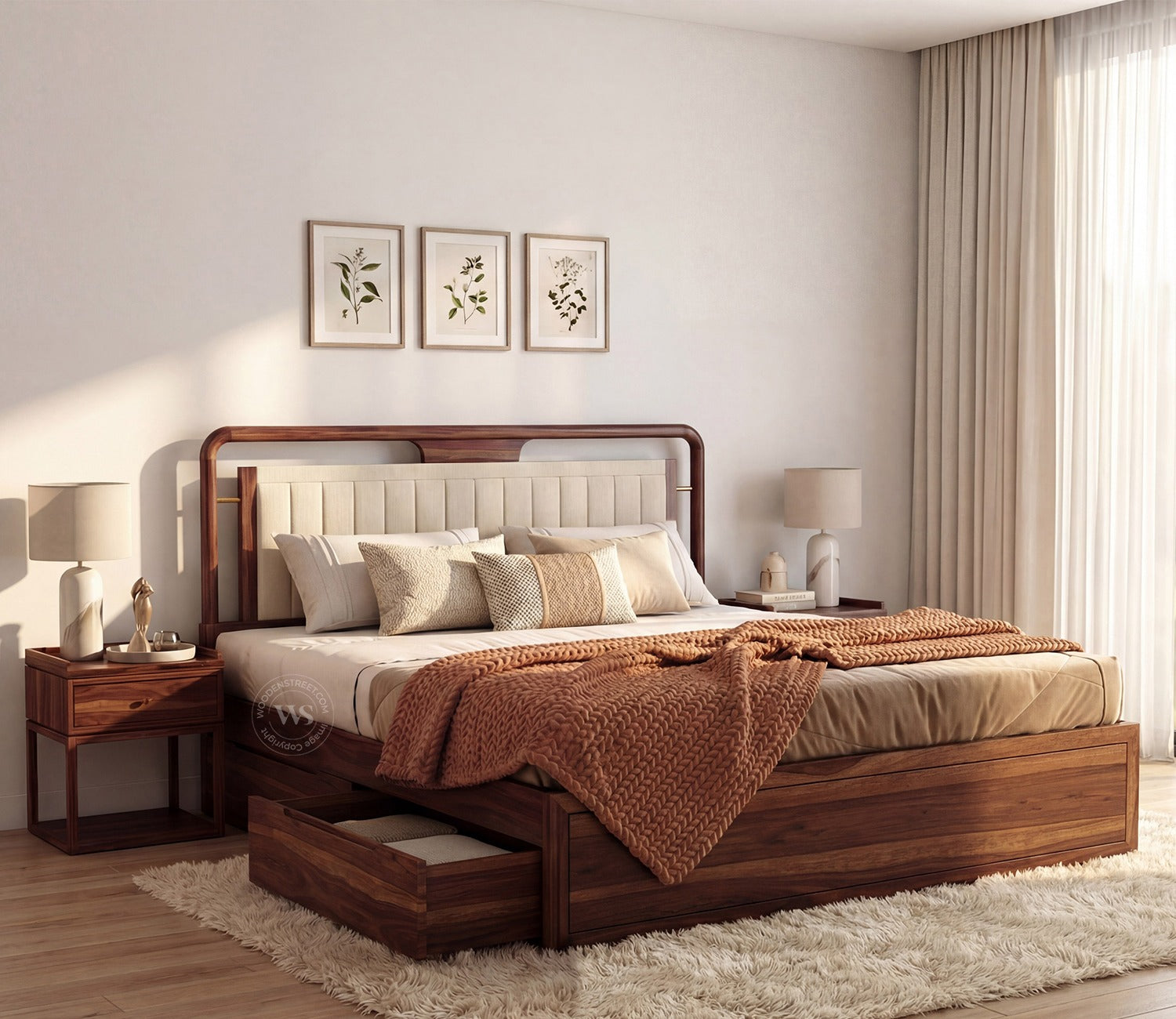 Anvay Sheesham Wood Bed with Upholstered Headboard & Drawer Storage (Queen Size, Jade Ivory, Teak Finish)