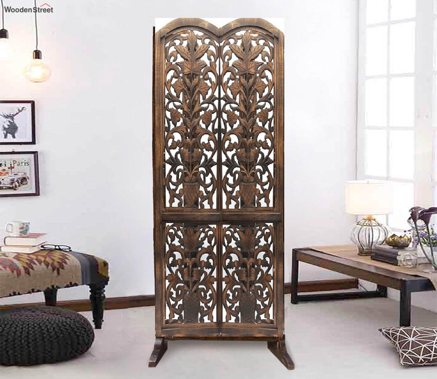 Floral Hand Carved Wooden Room Divider Single Panel With Stand