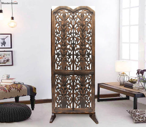 Floral Hand Carved Wooden Room Divider Single Panel With Stand