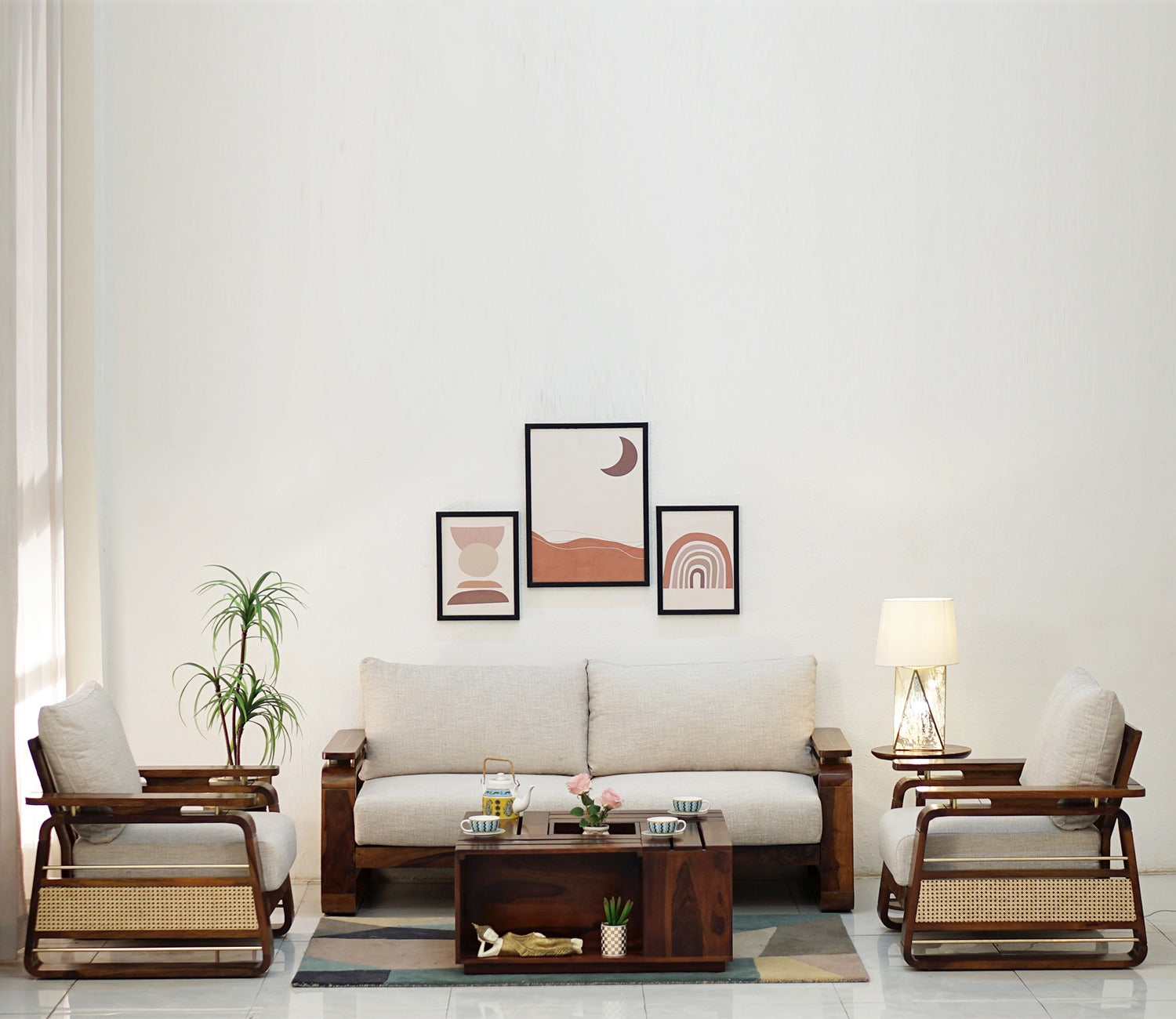 Vedic 3+1+1 Sheesham Wood Sofa Set With Cane and Brass Detailing (Honey Finish, Jade Ivory)