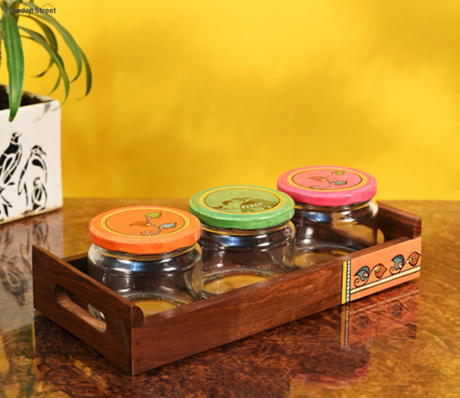 Madhubani Art Handcrafted Wooden Tray With Glass Jars